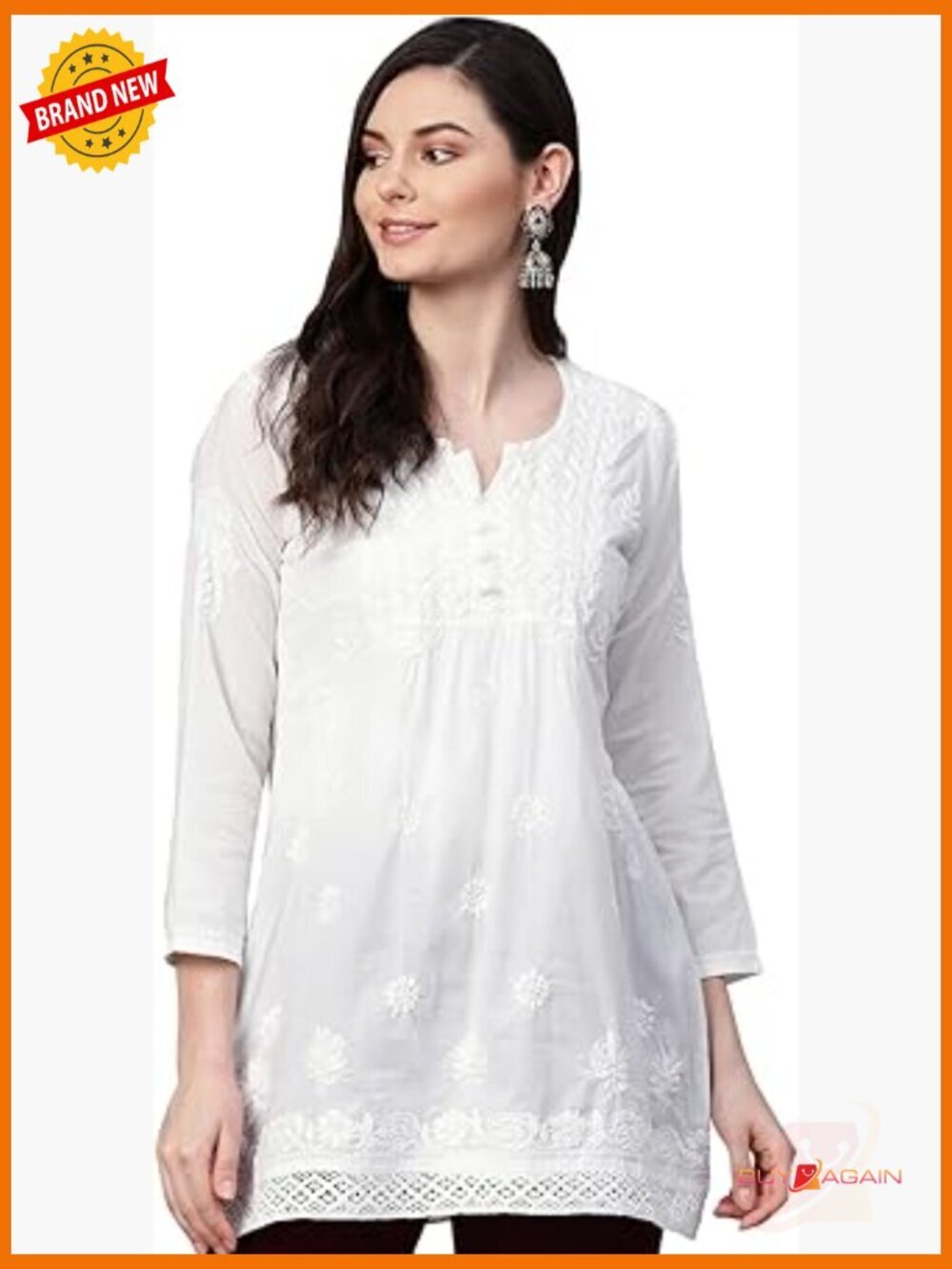 Hand Embroidered Chikankari Cotton Tunic Top 3/4 Sleeve Regular Fit